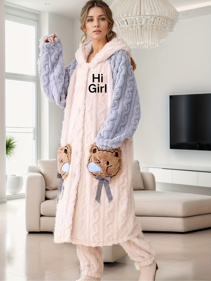 Cartoon Bear Plush Hooded Night Robe